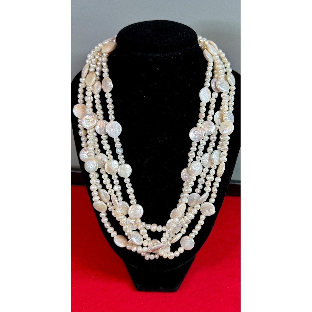 5 Strand Vintage Freshwater Pearl Necklace 100g Coin Pearls 925 FJ Clasp